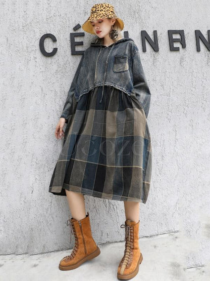 Vintage Plaid Split-joint Hoodie Midi Dress