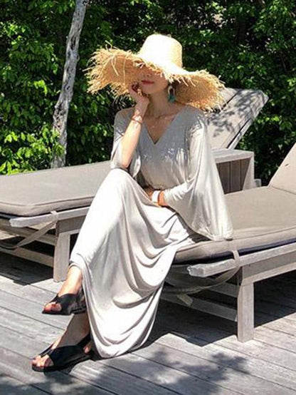 Loose Gray V-neck Elastic Waist Long Dress