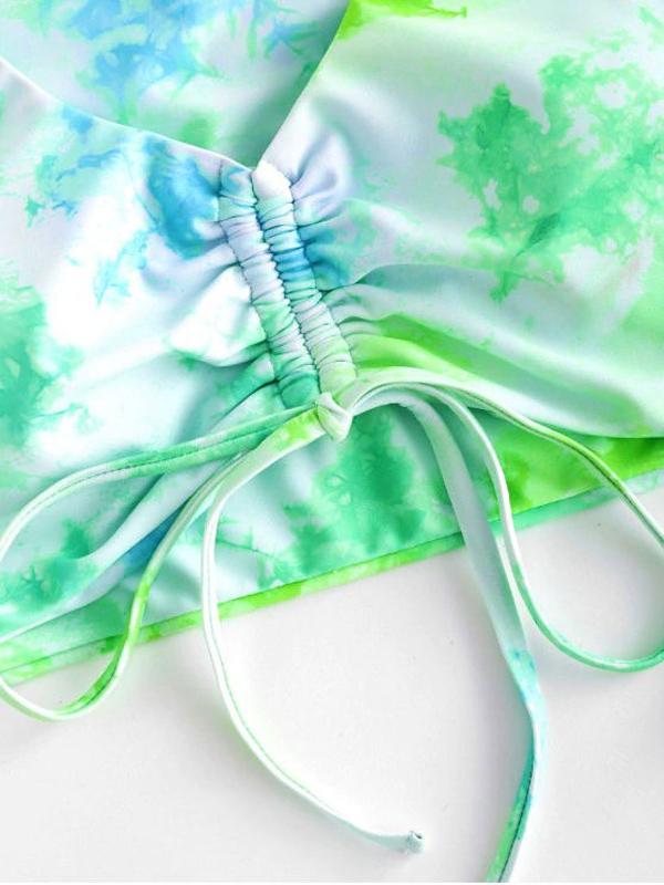 Tie-Dyed Short Sleeve & Triangle Three-Piece Split Bikini Swimsuit