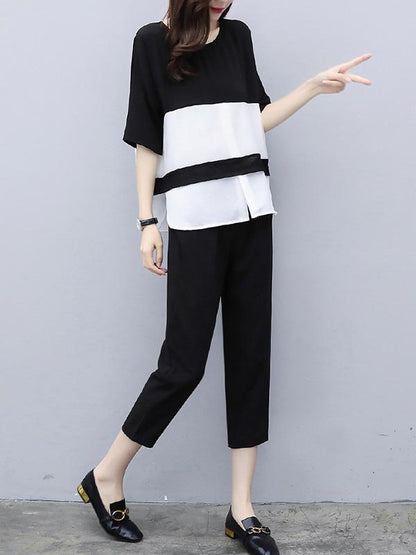 Chiffon Office Loose Elastic Waist White Black Suit