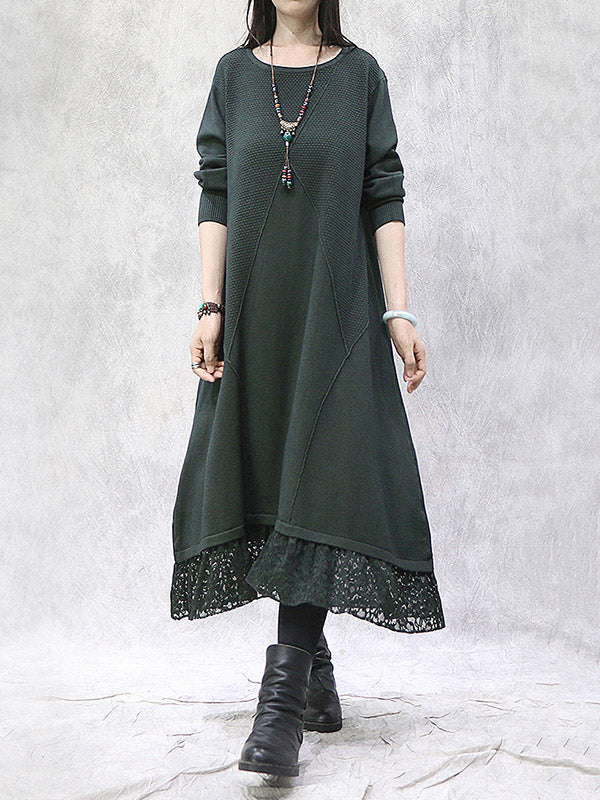 Artistic Retro Solid Color Split-Joint Embroidered Hollow Lace Round-Neck Long Sleeves Knitted Sweater Dress
