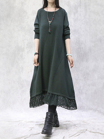 Artistic Retro Solid Color Split-Joint Embroidered Hollow Lace Round-Neck Long Sleeves Knitted Sweater Dress