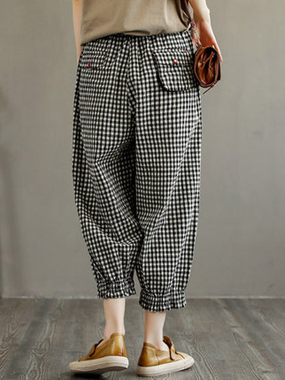 Casual Plaid Cotton Blend Capri-Pants
