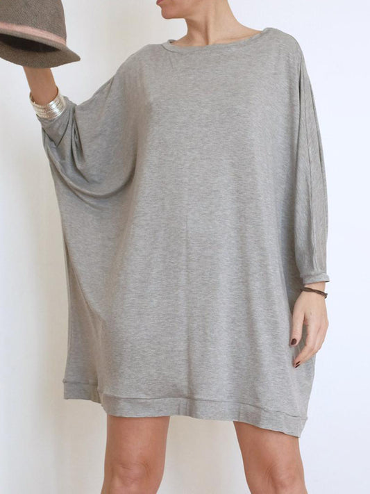 Simple Solid Color Batwing Sleeves Round-Neck T-Shirt Mini Dress