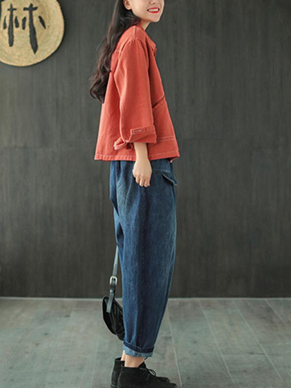 Leisure Solid Denim Puff Pants Bottoms