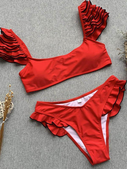 Bandeau Falbala Plain Bikinis Swimwear