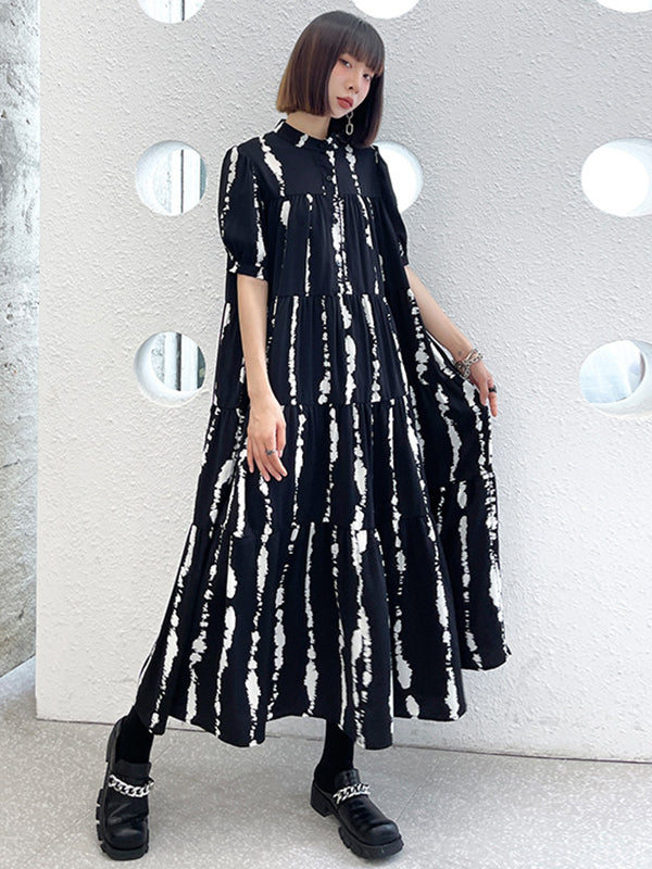 Vintage A-Line Printed Black Midi Dress