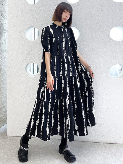 Vintage A-Line Printed Black Midi Dress