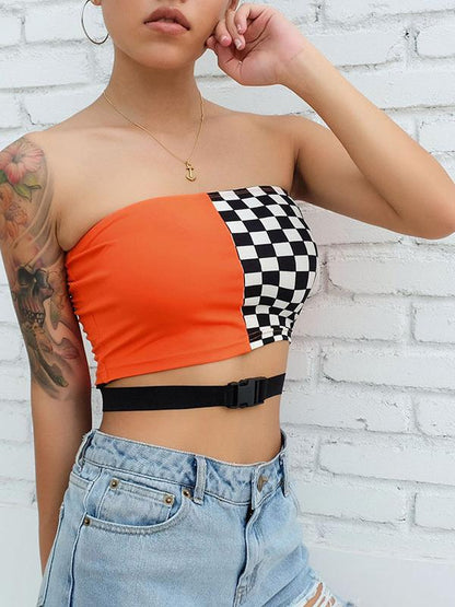 Cross Bandage Patchwork Off Shoulder Tees