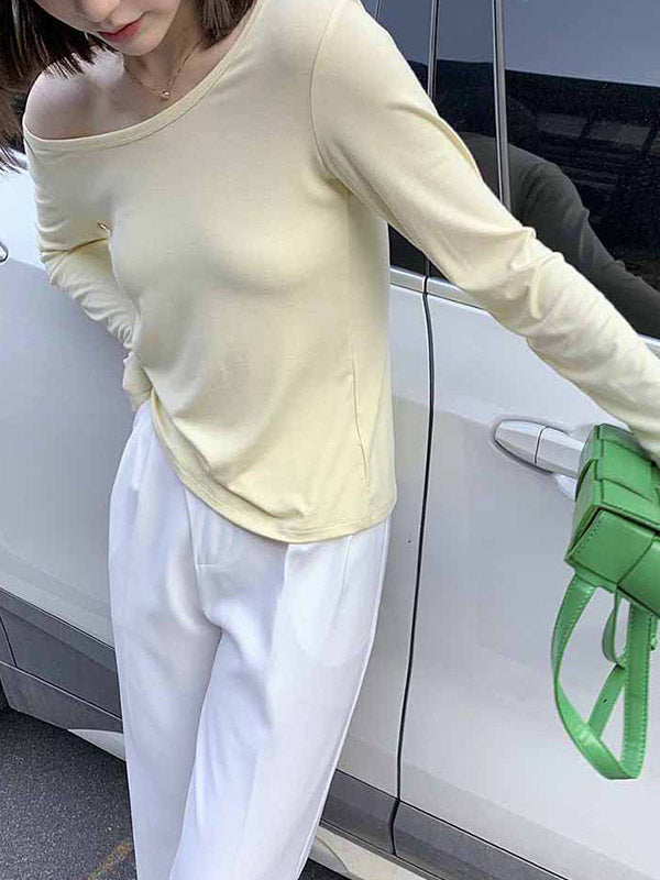 Casual Solid Color Long Sleeves Round-Neck T-Shirt Tops