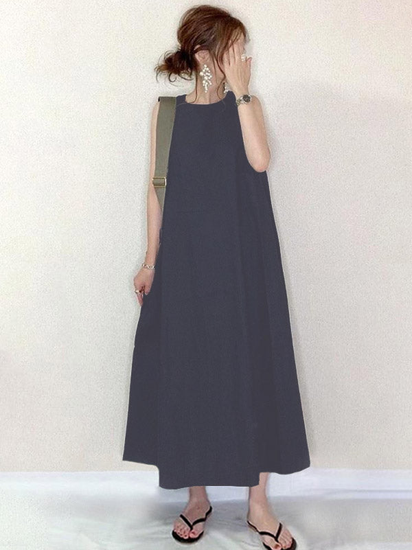 Simple Solid Color Round-Neck Sleeveless Midi Dress