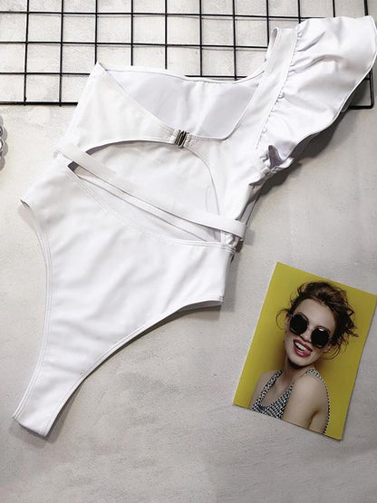 Falbala One Shoulder Plain One Piece Swimsuit