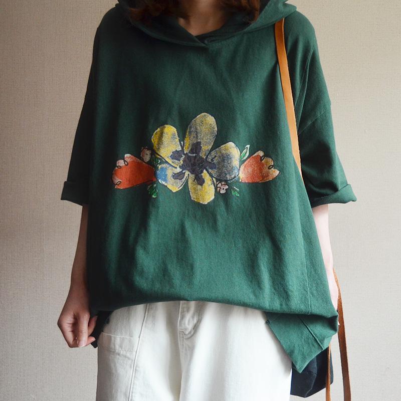 Cotton Print Loose Hooded Women Blouse