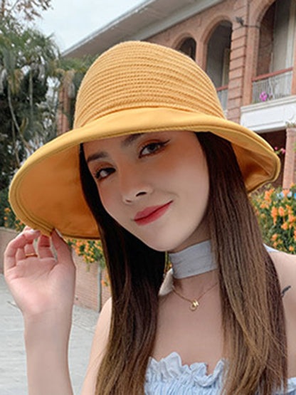 Stylish Solid Color Split-Joint Bow-Embellished Sun-Protection Large Wide Brim Knitted Hat