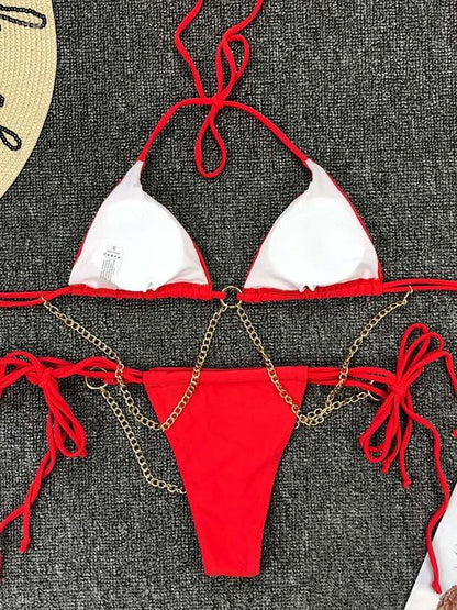Solid Color Chain Bandage Split Bikini Swimsuit