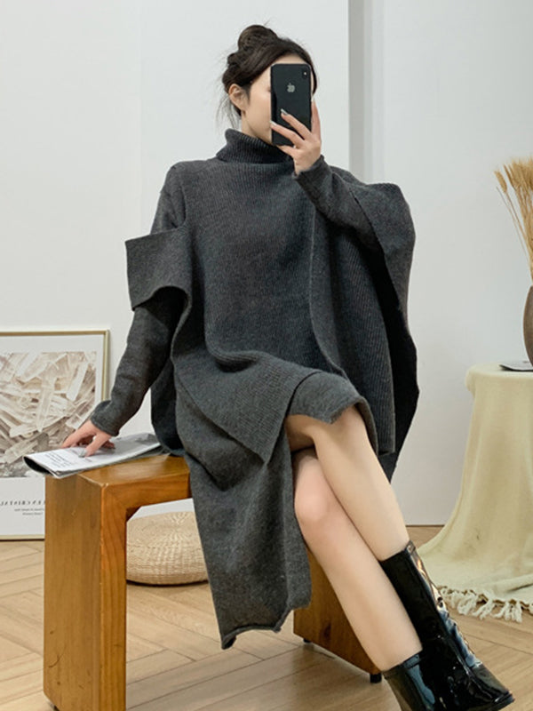 Solid Round-Neck Sweater Dresses And Irregularity Batwing Sleeves High-Neck Cape Set