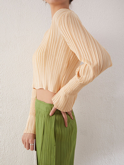Loose Flared Sleeves Pleated Solid Color Round-Neck T-Shirts Tops