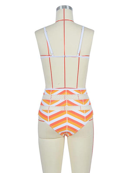 Hollow Striped High Waisted Bikini Swimsuit