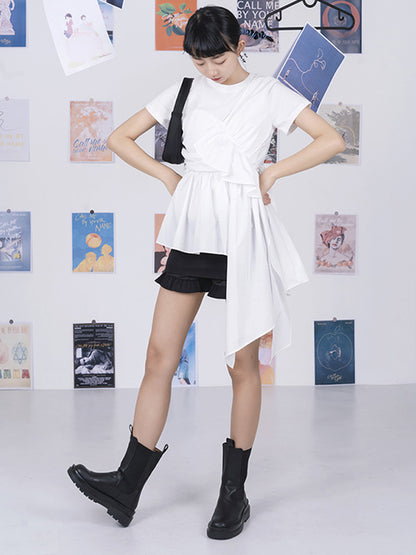 Fashion White Pleats Asymmetric Split-Joint Round-Neck T-Shirts Top