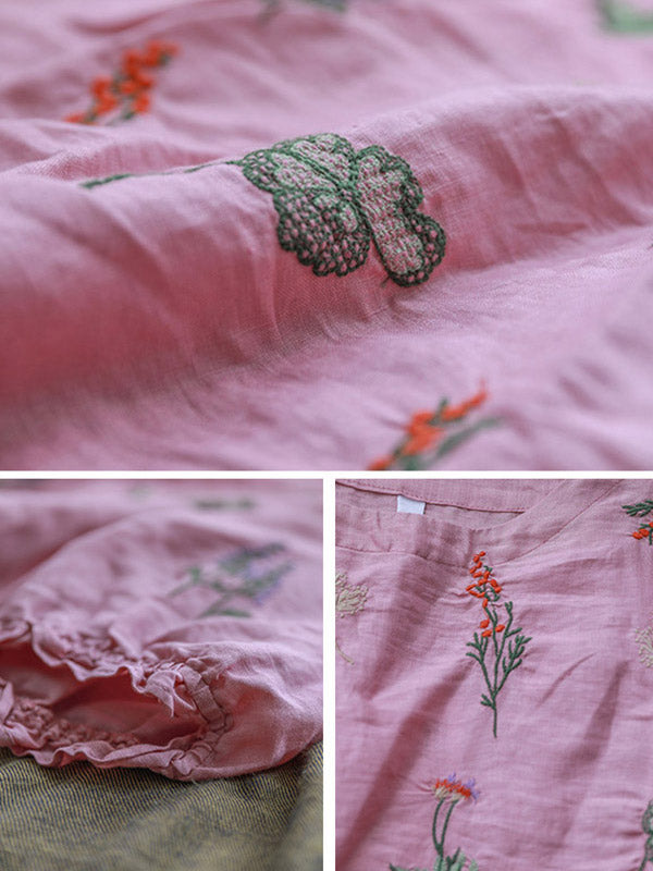 Ramie Cotton Embroidered Round-Neck Short Sleeve T-Shirts Tops