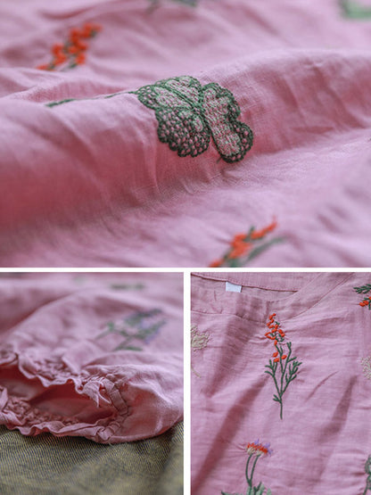 Ramie Cotton Embroidered Round-Neck Short Sleeve T-Shirts Tops
