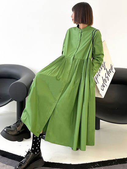Simple Solid Color Pleated Stand Collar Midi Dress