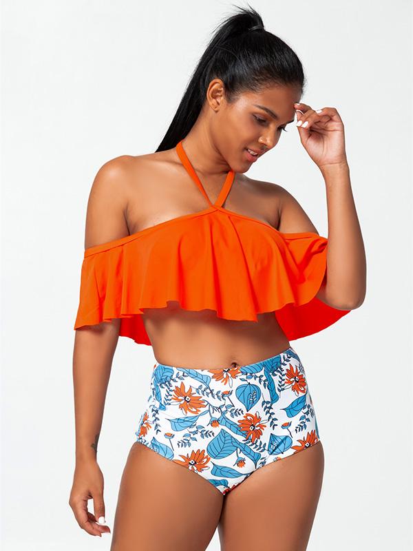 Sexy Bare Shoulders Flounces Split Bikini Swimsuit