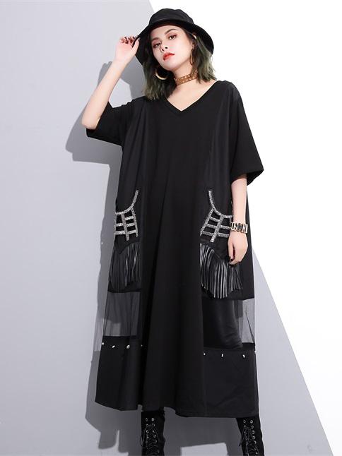 V-neck Split-joint Tasseled Shirt Midi Dresses