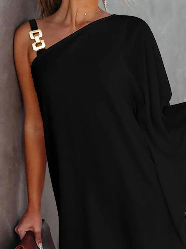 Original Loose One-Shoulder Black Mini Dress