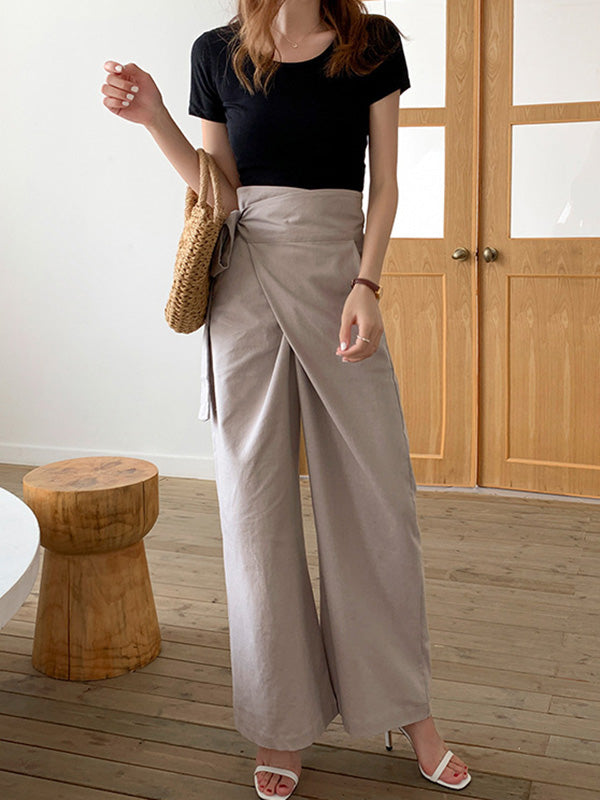 Simple 9 Colors Ramie Cotton Tied High-Waisted Pants