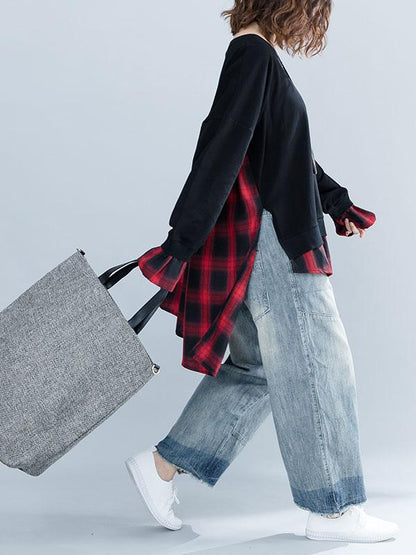 Loose Oversize Split-joint Plaid Sweatshirt