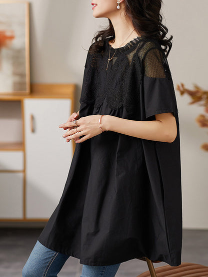 Simple Loose Solid Color Split-Joint Embroidered Hollow Lace Pleated Round-Neck Short Sleeves T-Shirt