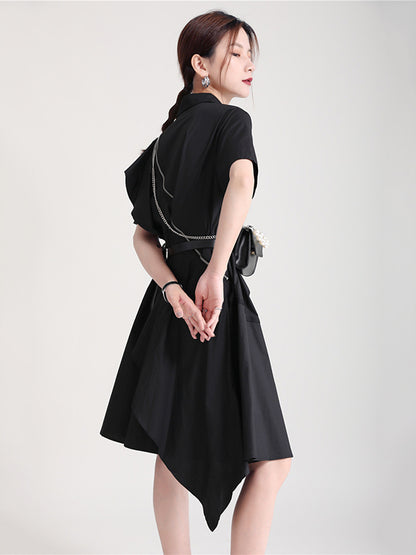 Stylish Irregular Split-Joint Falbala Buttoned Lapel Collar Short Sleeves Midi Dress