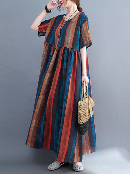 Original Loose Striped Contrast Color Pleated Midi Dress