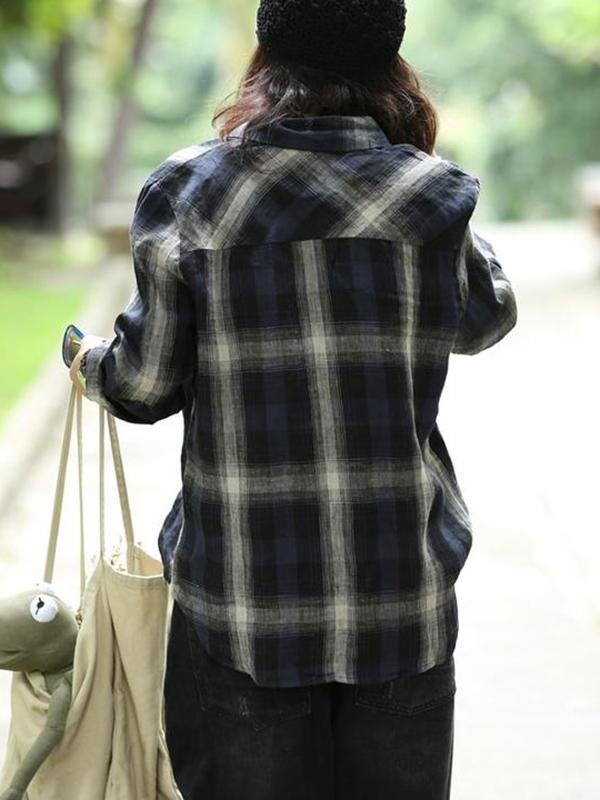 Blue Plaid Loose Linen Long Sleeve Shirt
