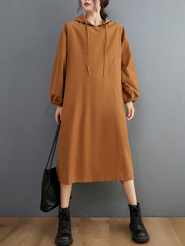 Casual Split-Side Solid Color Hooded Drawstring Long Sleeves Midi Dress