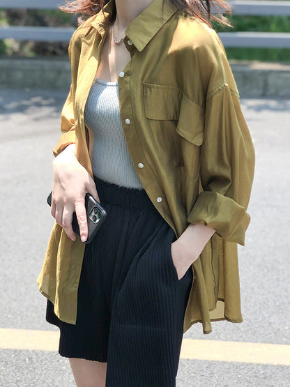 Casual Loose Solid Color Lapel Collar Long Sleeves Shirts