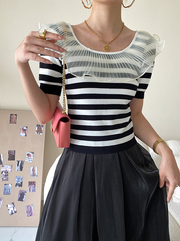 Original Chic Falbala Mesh Split-Joint T-Shirt Top