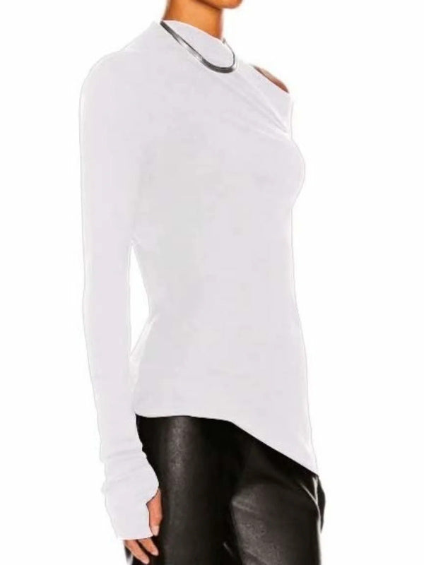 Stylish Solid Color One-Shoulder Long Sleeves T-Shirt Top