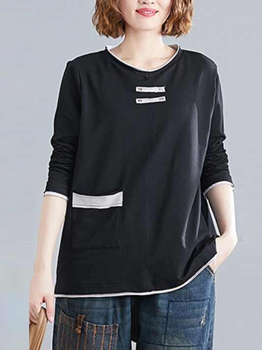 Casual Split-Joint Round-Neck Long Sleeves T-Shirts Top