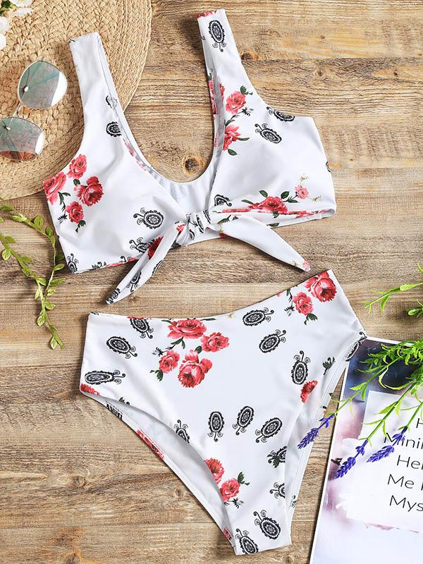 Knotting High Waist Printed Bikinis Swimwear