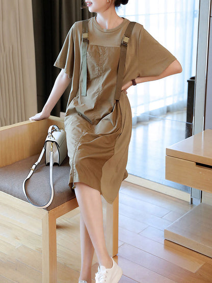 Original Casual Loose Solid Color Split-Joint Round-Neck Half Sleeves False Two Midi Dress