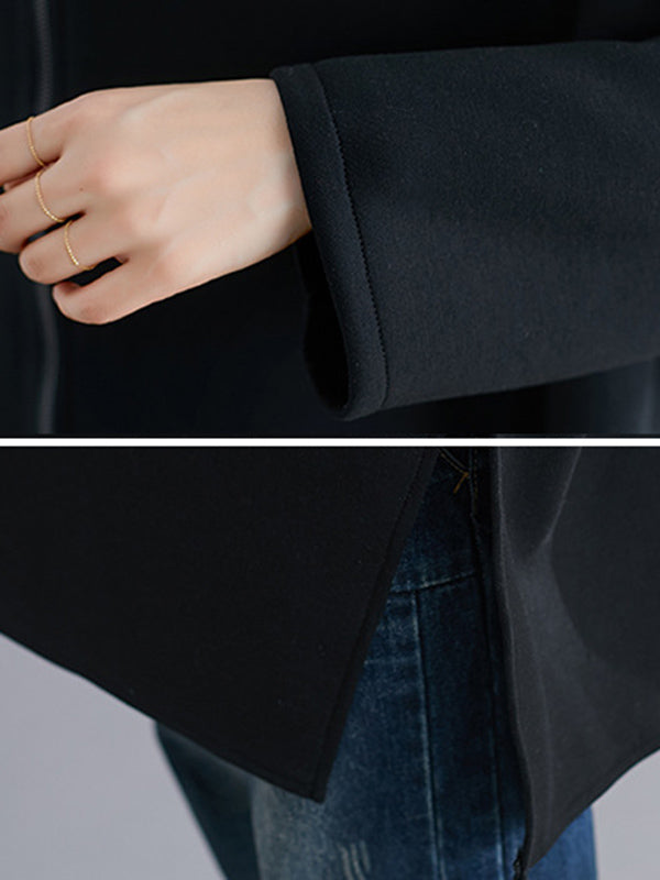 Casual Loose Solid Color Zipper Hooded Batwing Sleeves Outwear