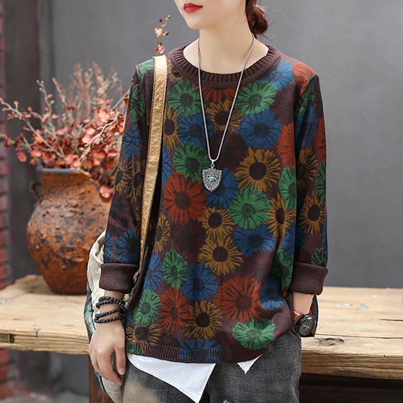 Casual Retro Floral Printed O-neck Knitted Shirt