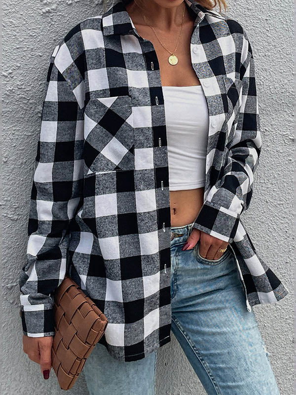 Causal Lapel Buttoned Plaid Long Sleeves Blouses