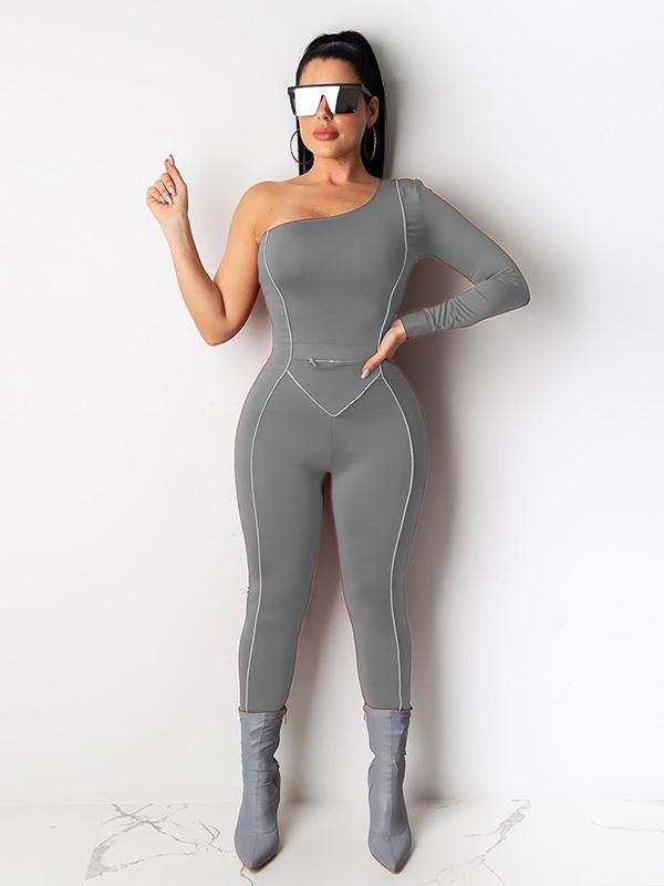 Sexy Solid Color One-Shoulder Long Sleeves Sports  Jumpsuits