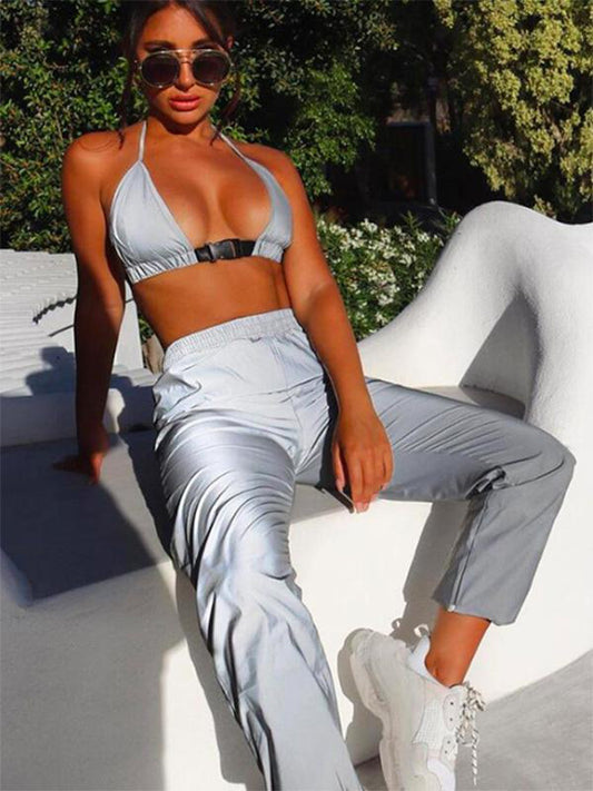 Solid Halterneck Tank Top And Casual Pants Bottoms Suits