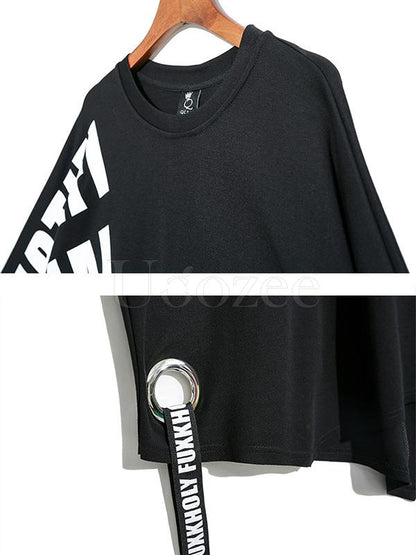 Casual Letter Printed Circular Hole Ribbon T-shirt
