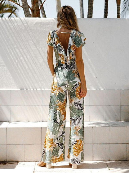 Printed Leaf Pattern Falbala Bohemia Jumpsuits