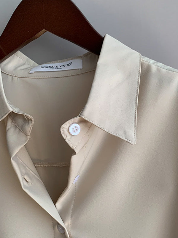 Simple Solid Color Buttoned Lapel Long Sleeves Blouse Tops